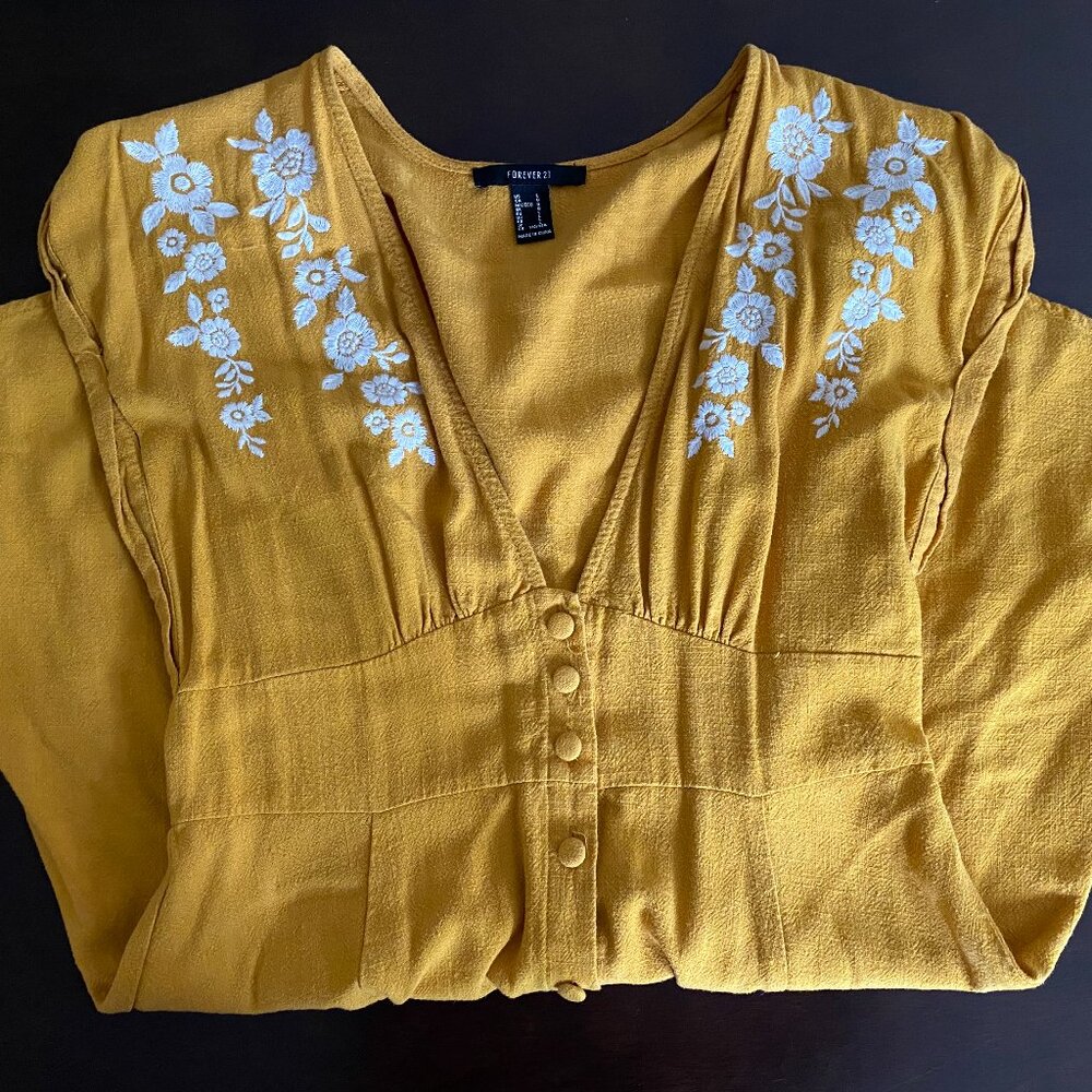 Forever 21 Mustard Yellow Embroidered Button-Front Mini Dress Size L - Picture 2 of 10